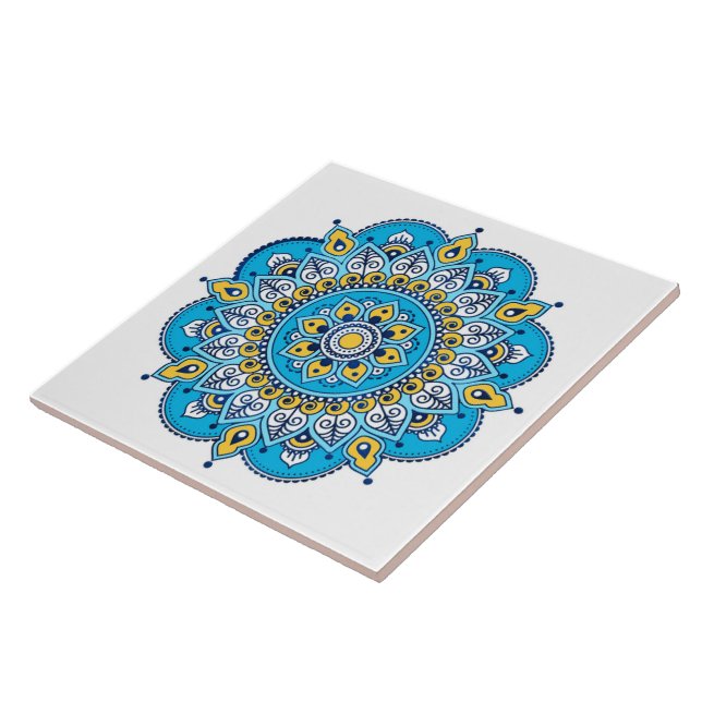 Azulejo cerâmico de Mandala azul e amarelo (Lateral)
