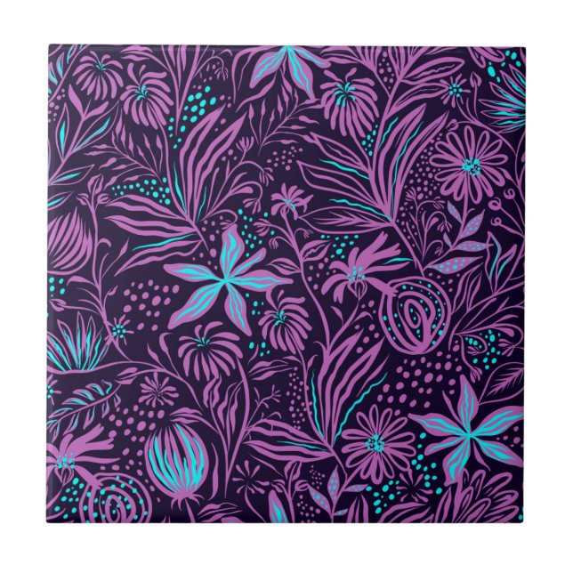 Azulejo cerâmico de padrão floral neon roxo modern (Frente)