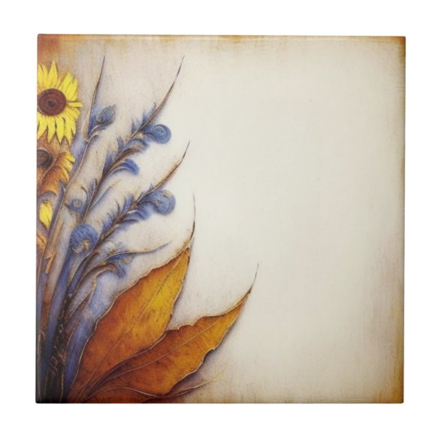 Azulejo cerâmico detalhado de bege e flora (Frente)