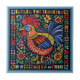 Azulejo Cerâmico Huichol Loteria: Azulejo El Gallo