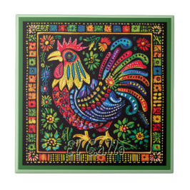 Azulejo Cerâmico Huichol Loteria: Azulejo El Gallo