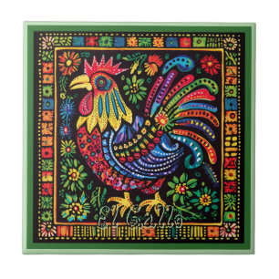 Azulejo Cerâmico Huichol Loteria: Azulejo El Gallo