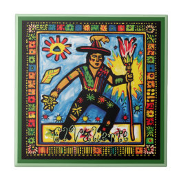 Azulejo Cerâmico Huichol Loteria: El Valiente Cerâ