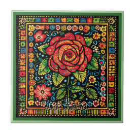Azulejo Cerâmico Huichol Loteria: La Rosa Azulejo