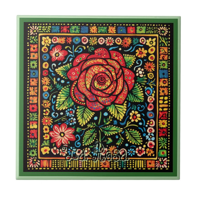 Azulejo Cerâmico Huichol Loteria: La Rosa Azulejo  (Frente)