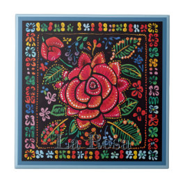 Azulejo Cerâmico Huichol Loteria: La Rosa Azulejo