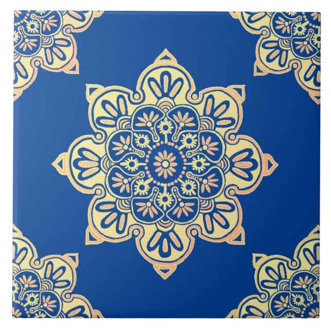 Azulejo cerâmico, medalhão amarelo em azul profund (Frente)