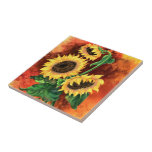 Azulejo cerâmico pintado com três Sunflower<br><div class="desc">Belos três girassóis Azulejos cerâmicos MIGNADOS</div>