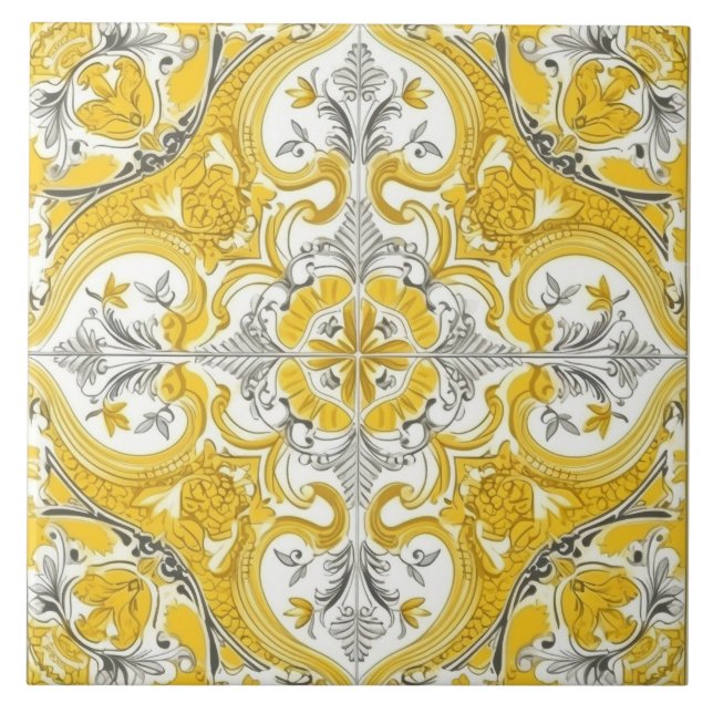 Azulejo cerâmico português amarelo e branco (Frente)