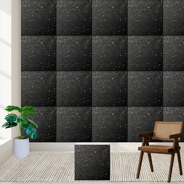 Azulejo cerâmico preto brilhante preto branco sujo (Sprinkle Black White Glitter Classy Ceramic Tile)