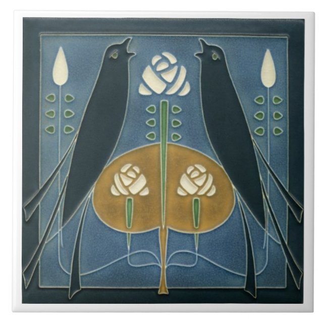 Azulejo cerâmico - Songbird Art Nouveau Floral Whi (Frente)