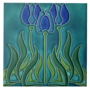 Azulejo cerâmico - Tulipas Azuis Vintage Art Nouve