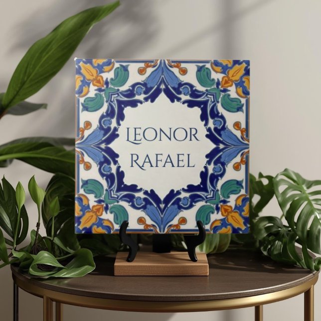Azulejo Colorful Custom Name Plate Plaque Sign  (Azulejo Mediterranean Blue & White Custom House Name Or Family Name Plaque Sign Square Ceramic Tile)