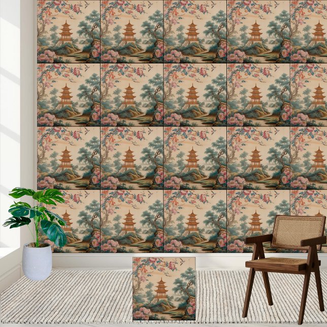 Azulejo da Cena de Chinoiserie Garden do Estilo de (Vintage Style Chinoiserie Garden Scene Tile)