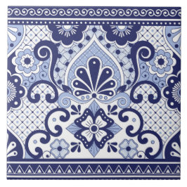 Azulejo de Arte Folclórica Mexicana Azul e Branco