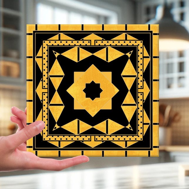 Azulejo de Banheiro Geométrico Ocher Black (Ceramic tile featuring a stylish geometric pattern in ocher and black with a touch of gold.)