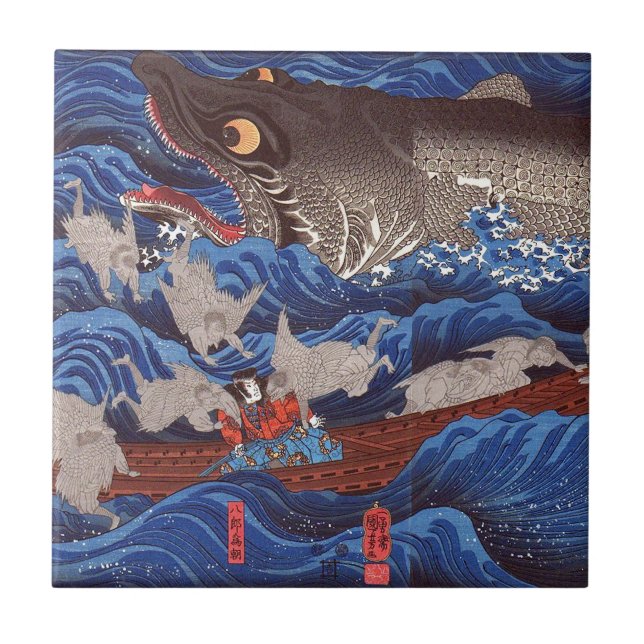 Azulejo De Cerâmica 怪物鮫, tubarão do monstro do 国芳, Kuniyoshi, Ukiyo-e (Frente)