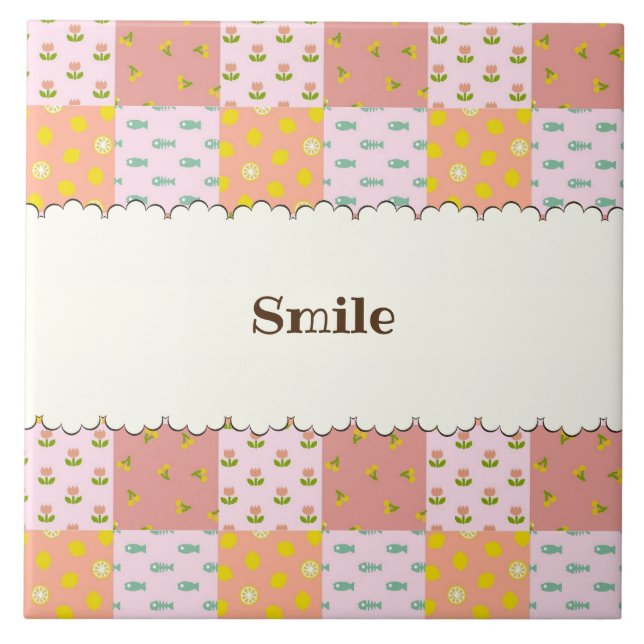 AZULEJO DE CERÂMICA  文字　カスタマイズ　パッチワーク　ピンク タイル (Frente)