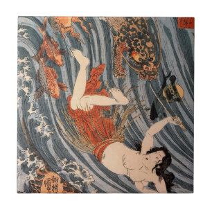 Azulejo De Cerâmica 海 女 龍, 国 芳, Mulher e Dragão, Kuniyoshi, Ukiyo-e