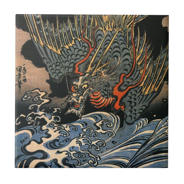 Azulejo De Cerâmica 海 龍, 国, Sea Dragon, Kuniyoshi, Ukiyo-e (Frente)