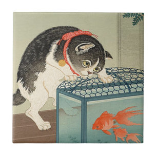 Azulejo De Cerâmica 猫と金魚, gato do 古邨 & peixe dourado, Koso