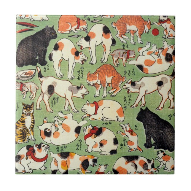 Azulejo De Cerâmica 猫尽両めん合, gatos do 芳藤 da era de Edo, Yoshifuji, (Frente)