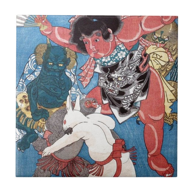 Azulejo De Cerâmica 金太郎と動物, 国芳 Kintaro & animais, Kuniyoshi, Ukiyo-e (Frente)