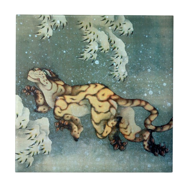 Azulejo De Cerâmica 雪中虎図, tigre na neve, Hokusai do 北斎, arte (Frente)