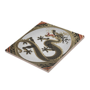 Azulejo De Cerâmica [100] Dragão Oriental Dourado e negro