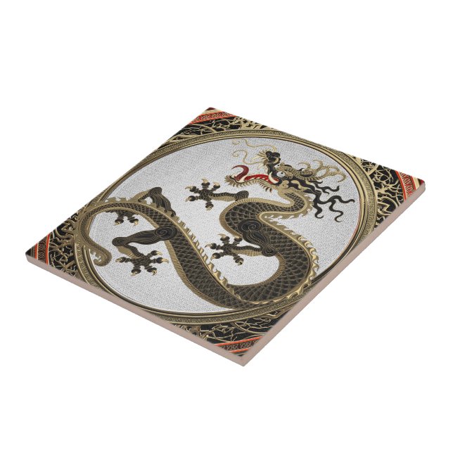 Azulejo De Cerâmica [100] Dragão Oriental Dourado e negro (Lateral)
