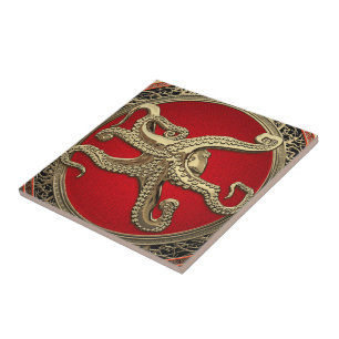 Azulejo De Cerâmica [100] Octopus Dourado sagrado na postura defensiva