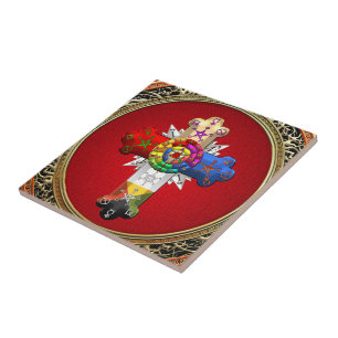 Azulejo De Cerâmica [100] Rosy Cross (Rosa Croix) em Vermelho e Dourad