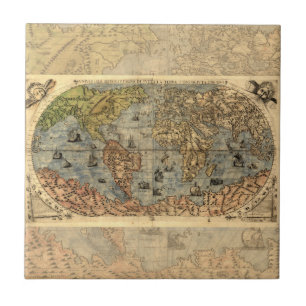 Azulejo De Cerâmica 1565 Mapa Antigo do Mundo de Forlani Cartografia V