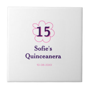 Azulejo De Cerâmica 15 quinceanera feliz aniversário rosa púrpura