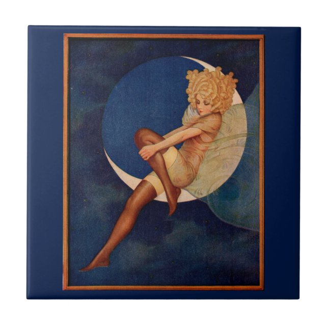 Azulejo De Cerâmica 1920 e linda mulher na lua (Frente)