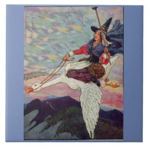 Azulejo De Cerâmica 1920 Madre Goose montando seu ganso gigante