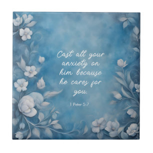 Azulejo De Cerâmica 1 Pedro 5:7 “Lancem Toda a Sua Ansiedade” Azul Flo