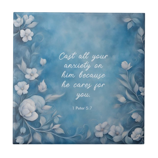 Azulejo De Cerâmica 1 Peter 5:7 “Cast All Your Anxiety” Blue Floral (Frente)