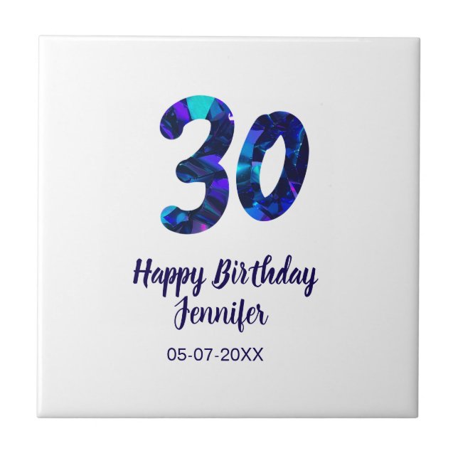 Azulejo De Cerâmica 30th birthday add name date year blue sparkle  (Frente)