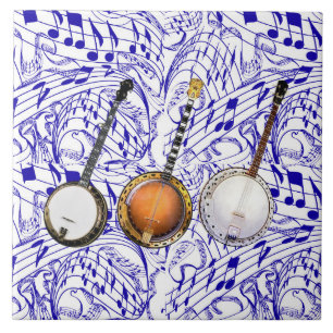 AZULEJO DE CERÂMICA 3 BANJOS EM NOTAS AZUIS DA MÚSICA