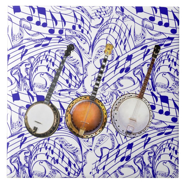 AZULEJO DE CERÂMICA  3 BANJOS EM NOTAS AZUIS DA MÚSICA (Frente)