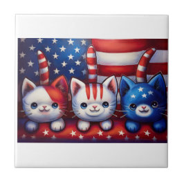 Azulejo De Cerâmica 3 Gatinhos Patrióticos Em Uma Cena Com A Bandeira