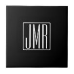 Azulejo De Cerâmica 3 Iniciais Monograma | Preto e branco (ou cor suja<br><div class="desc">As suas três iniciais monogramaram.</div>