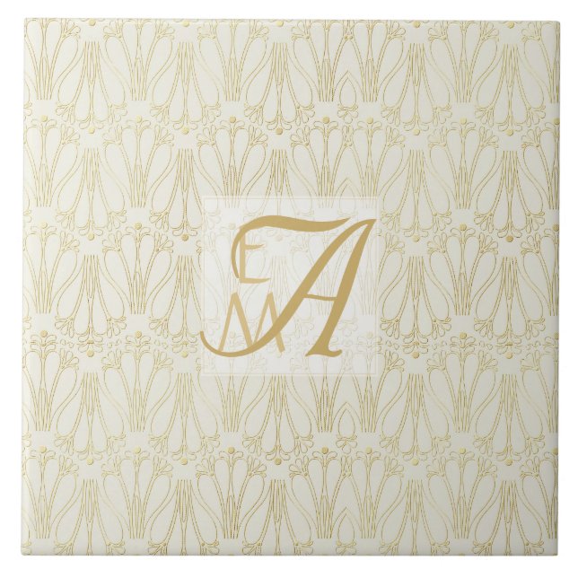 Azulejo De Cerâmica 3 Monogramas Art Deco Dourado Cream Newlyweds Deco (Frente)