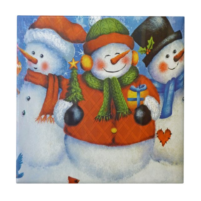 Azulejo De Cerâmica 3 Snowmen Feliz (Frente)