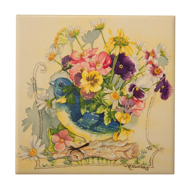 Azulejo De Cerâmica 4779 Bluebird Vase com Pansies (Frente)