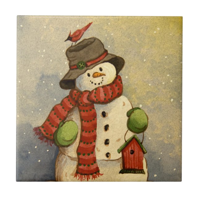 Azulejo De Cerâmica 4905 Snowman e Birdhouse Natal (Frente)