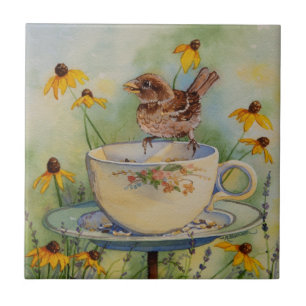 Azulejo De Cerâmica 4920 Sparrow on Teacup Feeder with Coneflowers (Re