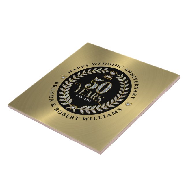 Azulejo De Cerâmica 50.o aniversário do casamento - brilho branco e ou (Lateral)