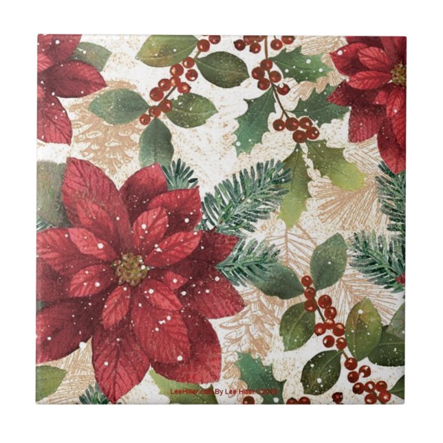 Azulejo De Cerâmica 50 Retro Poinsettia Red Green Creme (Frente)